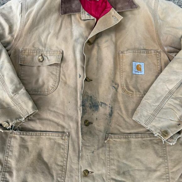 Vintage 90s Carhartt Brown Duck Canvas Red Quilt Lined Barn Chore Coat Jacket - Picture 3 of 7